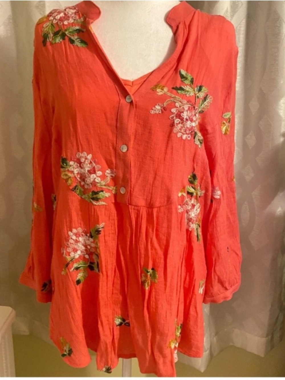 Embroidered Coral Button-Front Tunic Top - Picture 4 of 4